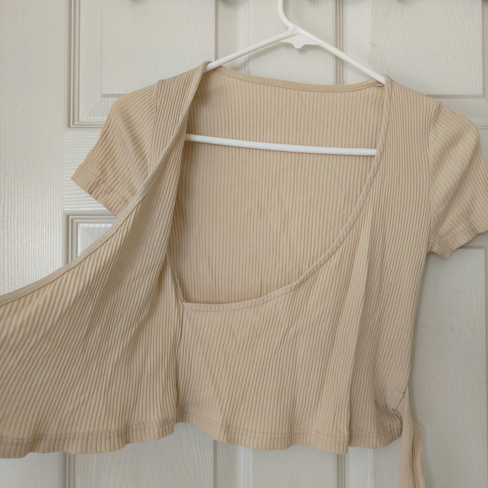 Beige Ribbed Wrap Top - Picture 3 of 4